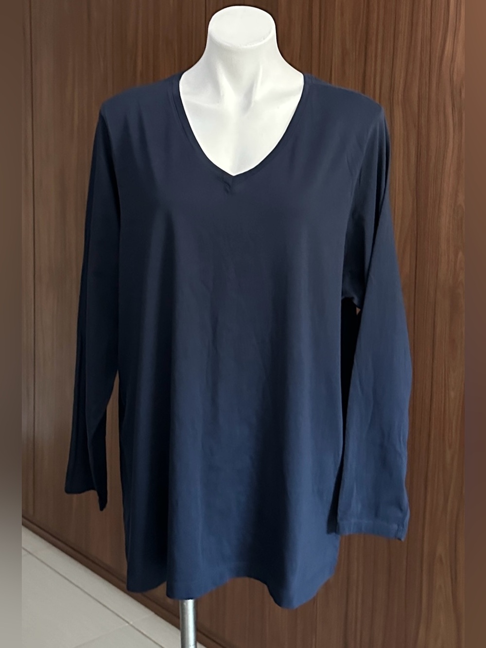 Lands End Solid Navy Blue V-Neck Long Sleeve Top Relaxed Fit 2X (20-22)